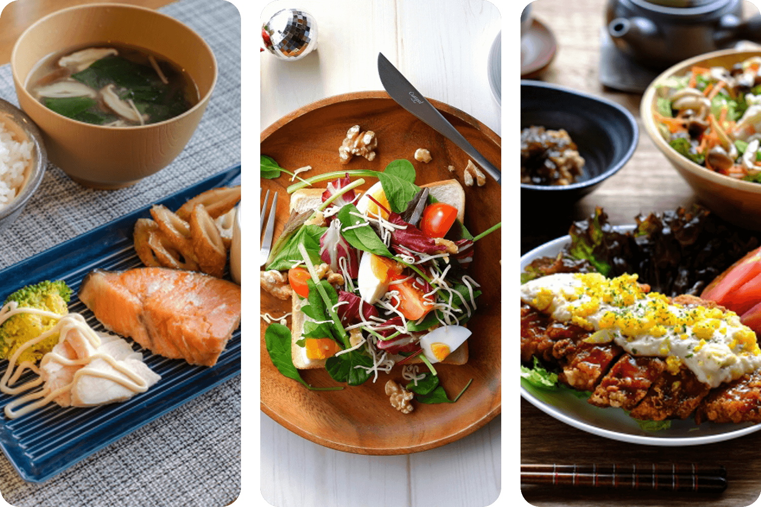 食事が3食並んでいる画像